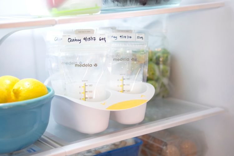 Image of milk bags and containers in a fridge, neatly organized.